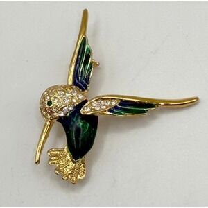 Roman Hummingbird Brooch Gold‎ Tone Rhinestone Enamel Bird Pin Vintage